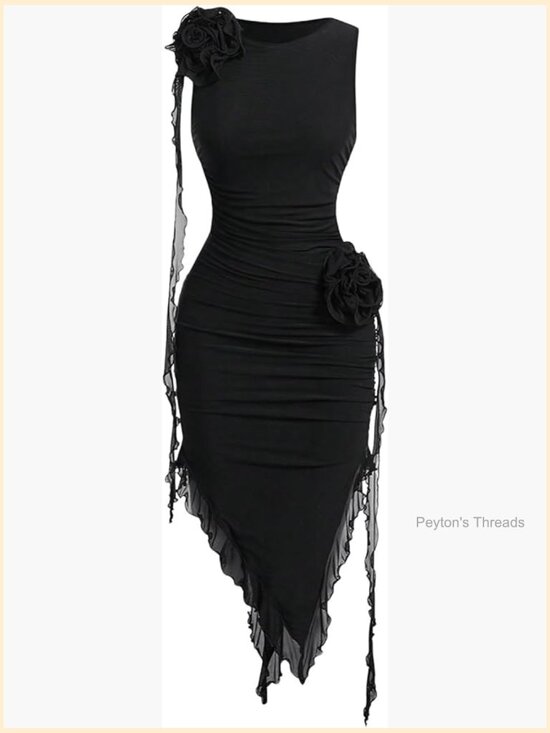 Dresses & Skirts - Bodycon Midi Dress 3D Floral Ruched Round Neck Sleeveless Ruffle Hem